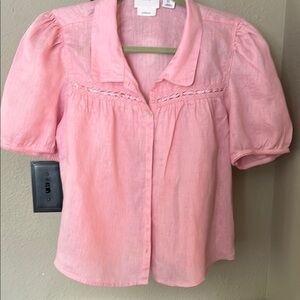 Women's Linen puff sleeve button down Pink Blouse